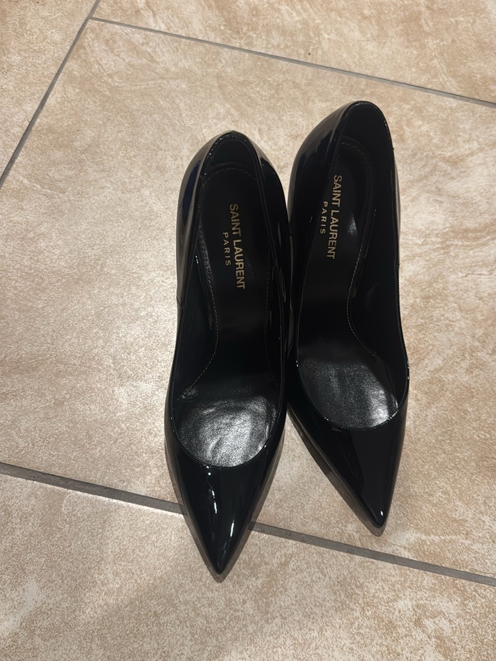 Saint Laurent Black Patent Pointed-Toe Pumps with YSL Sculpted Heels - Picture 3 of 7